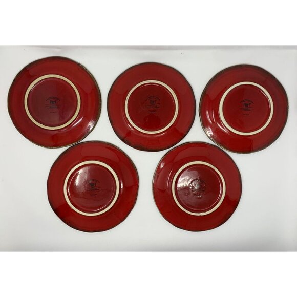 PIER 1 IMPORTS VANIA Salad Plates ~ Set of 5 ~ Brown Scrolls on Red ~ Italy - Picture 3 of 13